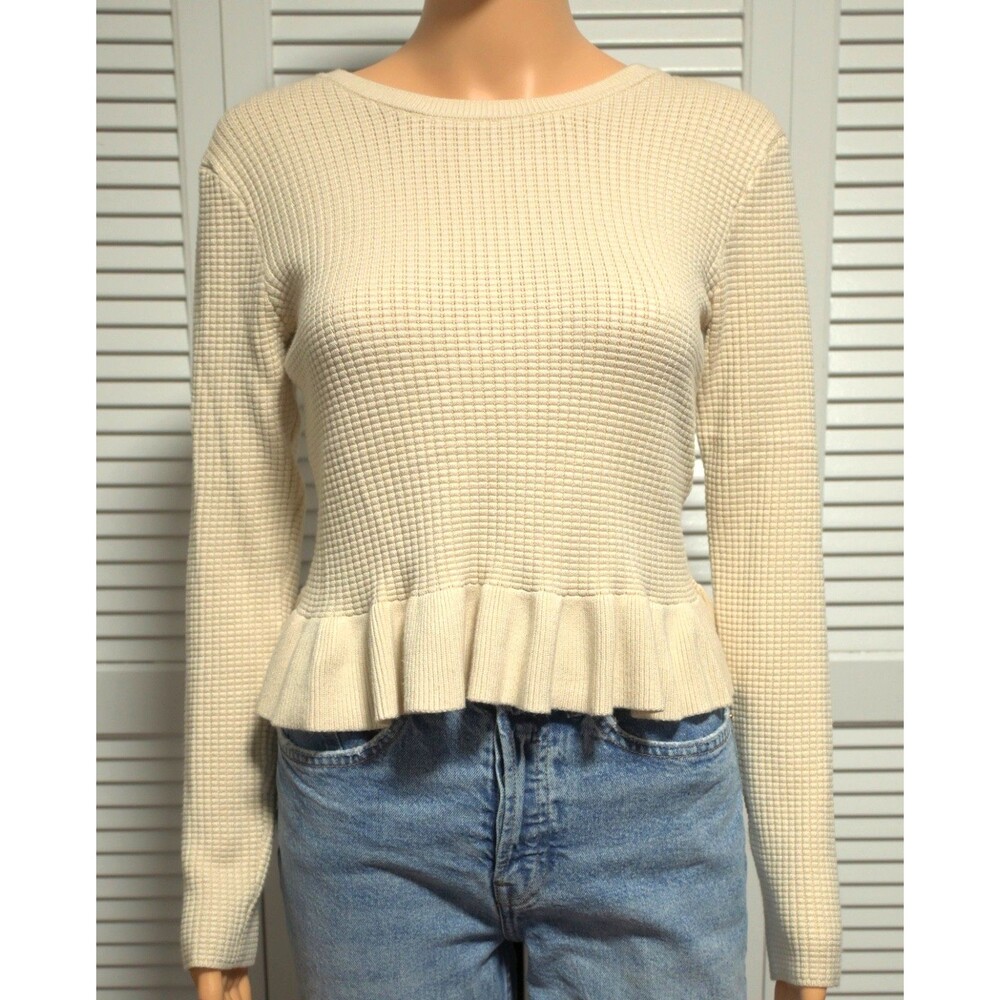 Jessica Simpson Peplum Sweater Top Beige Waffle Knit Long Sleeve S
